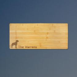 Custom engraved bamboo charcuterie board with your choice of dog design and personalized text. 100+ Dog Breeds