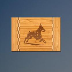 Custom engraved bamboo cutting board with Doberman and personalized text. 25+ Doberman Designs