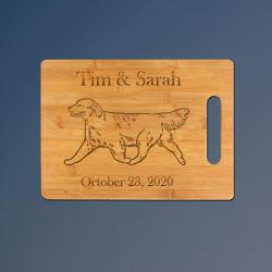 Custom engraved bamboo cutting board with golden retriever design and personalized text. 80+ golden retriever design to choose from.