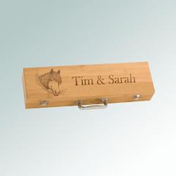 Personalized horse BBQ tools gift set with engraved text and the horse design of your choice.