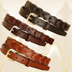 3/4" wide laced rein leather belt with a brass or silver belt buckle.