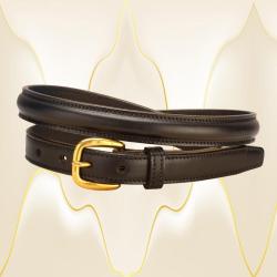 Raised 1" wide black leather belt with a brass buckle.