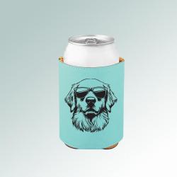 Personalized leatherette golden retriever beverage holder with your choice of golden retriever design and engraved text.