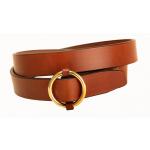 Brass ring buckle on a bridle leather equestrian belt.