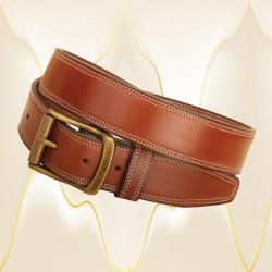 Double row edge stitched 1 1/2" wide leather belt from Tory Leather.