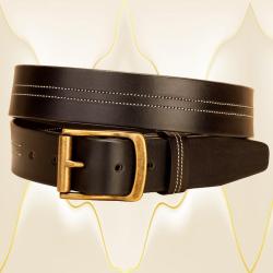Centered stitched leather belt with an antique roller belt.