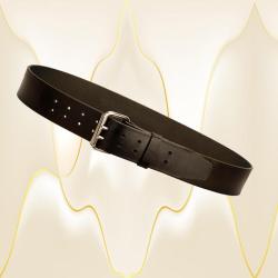 2" wide double holes leather belt with either a brass or silver roller buckle.