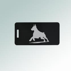 Aluminum doberman luggage tag with your choice of personalized text and engraved doberman design. 25+ Doberman designs to choose from.