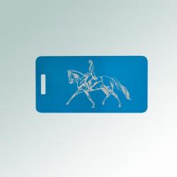 Anodized aluminum horse luggage tag with your choice of personalized text and engraved horse design. 145+ horse designs to choose from.