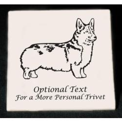 Personalized ceramic trivet with an engraved corgi design and custom text. Corgi Trivet