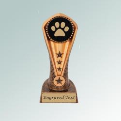 Personalized cobra dog paw trophy with your choice of dog paw design and custom engraved text.