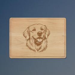 Personalized drip ring maple cutting board with a golden retriever design and custom engraved text. 80+ golden retriever designs to choose from.
