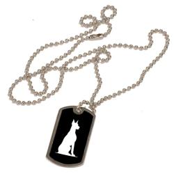 Personalized black and silver dog tag necklace with custom engraved Doberman dog design. Doberman Necklace