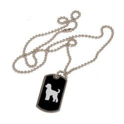 Custom engraved black and silver dog tag necklace with personalized text and the dog breed design of your choice. 100+ dog breeds to choose from.