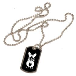 Personalized black and silver dog tag necklace with custom engraved Welsh Corgi dog design. Corgi Necklace