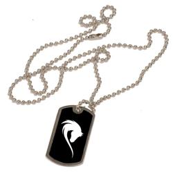Personalized black and silver dog tag necklace with custom engraved horse silhouette. Equestrian Necklace