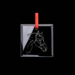 Custom engraved square glass horse ornament with your choice of horse design and personalized text. 145+ horse designs to choose from.
