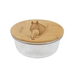 Personalized glass and bamboo horse design food storage container.  Horse Treat Container