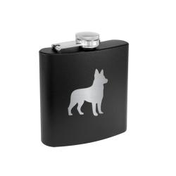 Colored stainless steel 6 oz flask with personalized text and engraved dog design. Dog Design Flask