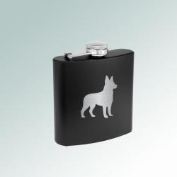 Colorful stainless steel 6 oz dog breed flask with personalized text and the dog breed design of your choice. 100+ dog breeds to choose from.