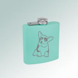 Colorful stainless steel 6 oz corgi flask with personalized text and the corgi design of your choice. 100+ corgi designs to choose from.