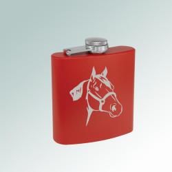 Colored stainless steel 6 oz horse silhouette flask with engraved horse silhouette of your choice. 85+ horse silhouettes to choose from.