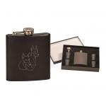 Stainless steel flask gift set with you choice of Doberman design and personalized text.