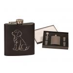 Custom engraved stainless steel flask gift set with your choice of Golden Retriever dog design and personalized text.