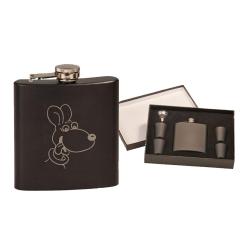 Custom engraved stainless steel flask gift set with your choice of dog design 1 and personalized text. Dog Flask Set