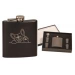 Colored stainless steel 6 oz flask set with engraved Welsh Corgi design of your choice. Corgi Flask & Shot Glasses