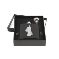 Personalized flask and funnel gift set with custom engraved Doberman dog design and text.Personalized flask and funnel gift set with custom engraved Doberman dog design and text. Doberman Flask Set