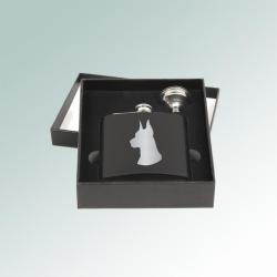 Custom engraved stainless steel doberman flask and funnel gift set with engraved doberman design of your choice. 25+ Doberman designs to choose from.