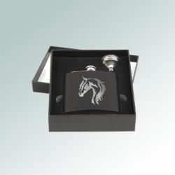Custom engraved stainless steel horse flask and funnel gift set with engraved horse design of your choice. 145+ horse designs to choose from.