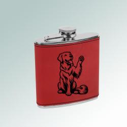 Personalized leatherette wrapped stainless steel 6 oz golden retriever flask with engraved golden retriever design of your choice.