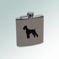 Personalized leatherette wrapped stainless steel 6 oz dog breed flask with engraved dog breed of your choice. 100+ dog breeds to choose from.