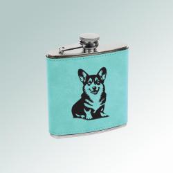 Personalized leatherette wrapped stainless steel 6 oz corgi flask with engraved Welsh Corgi design of your choice. 100+ corgi designs to choose from.