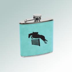 Leatherette wrapped stainless steel 6 oz horse silhouette flask with custom engraved horse silhouette of your choice.