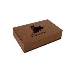 Personalized leatherette stainless steel flask gift set with text and custom Doberman dog design.