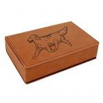 Personalized leatherette stainless steel flask gift set with text and custom Golden Retriever dog design.