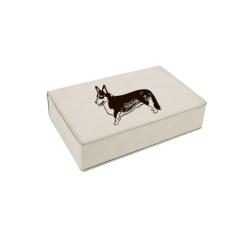 Personalized leatherette stainless steel flask gift set with text and custom corgi design.