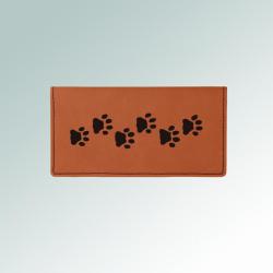 Personalized leatherette dog paw checkbook cover with a custom engraved dog paw design and text. 25+ dog paw designs to choose from.