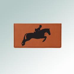 Personalized leatherette checkbook cover with custom engraved horse design 3 and text. Equestrian Checkbook Cover