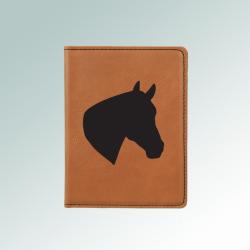 Personalized leatherette passport cover with custom engraved horse silhouette and text. Equestrian Passport Cover
