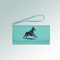 Personalized leatherette doberman wallet with a removable wrist strap. 25+ Doberman designs to choose from.
