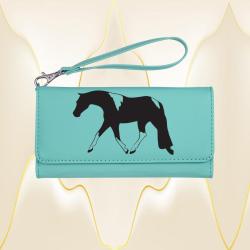 Custom engraved horse design leatherette wallet with a removable wrist strap. Equestrian Wrist Wallet
