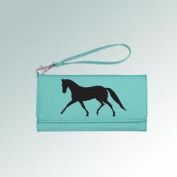 Personalized leatherette horse silhouette wallet with a removable wrist strap. 85+ horse silhouettes to choose from.