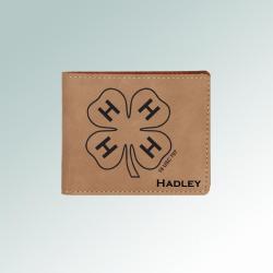 Personalized leatherette horse breed wallet with an engraved 4-H logo and text. 6+ 4-H logos to choose from.