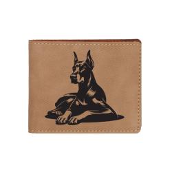 Custom engraved leatherette bi-fold wallet with Doberman dog design and custom text. Doberman Wallet