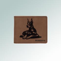 Personalized leatherette doberman wallet with an engraved doberman design and text. Makes a great father's day gift. 25+ Doberman designs to choose from.