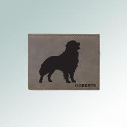 Personalized leatherette dog breed wallet with an engraved dog design and text. 100+ dog breed designs to choose from.